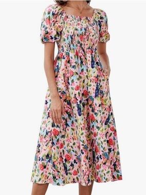 Women"s Square Neck Floral Long Dress Puff Short Sleeve High Waist Smocked Dress